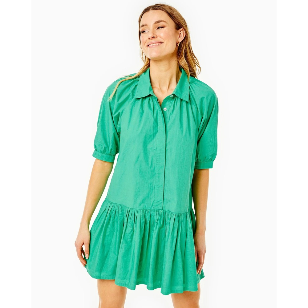 Addison Bay Cotton Poplin Bardot Mini Dress Green Puff Sleeve Tiered Babydoll S